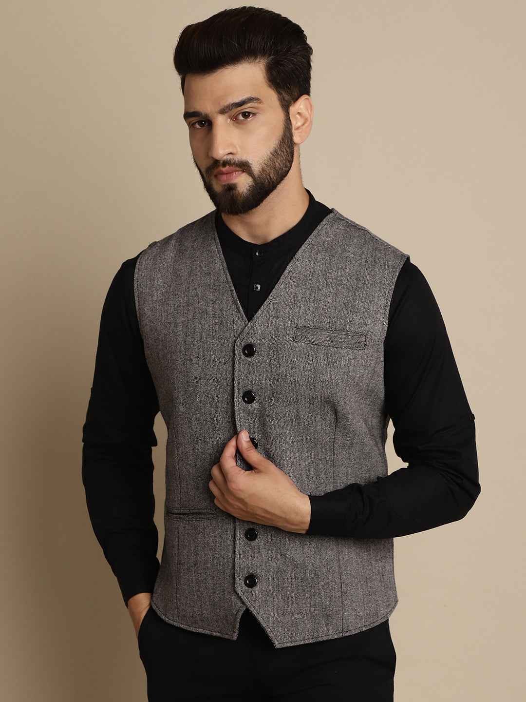 Even Apparels Men's Black Woolen Waistcoat with welt pockets - Distacart