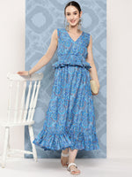 Thumbnail for InWeave Women's Sapphire Blue Floral Paisley Print Long Frill Dress - Distacart