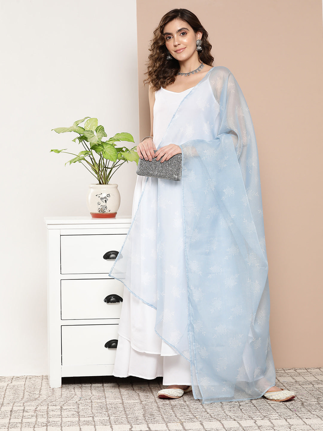 InWeave Women's Cream Strappy With Blue White Chintz Organza Dupatta - Distacart