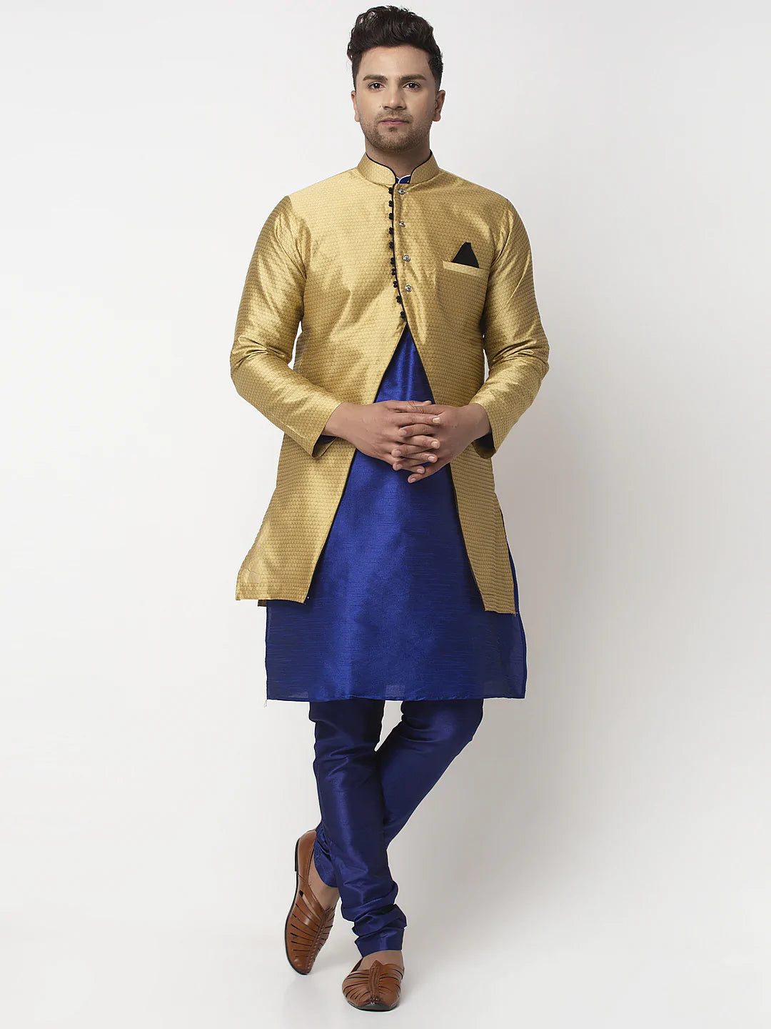 Kalyum Men's Royal Blue Kurta With Pyjama & Gold Self Design Jacket - Distacart