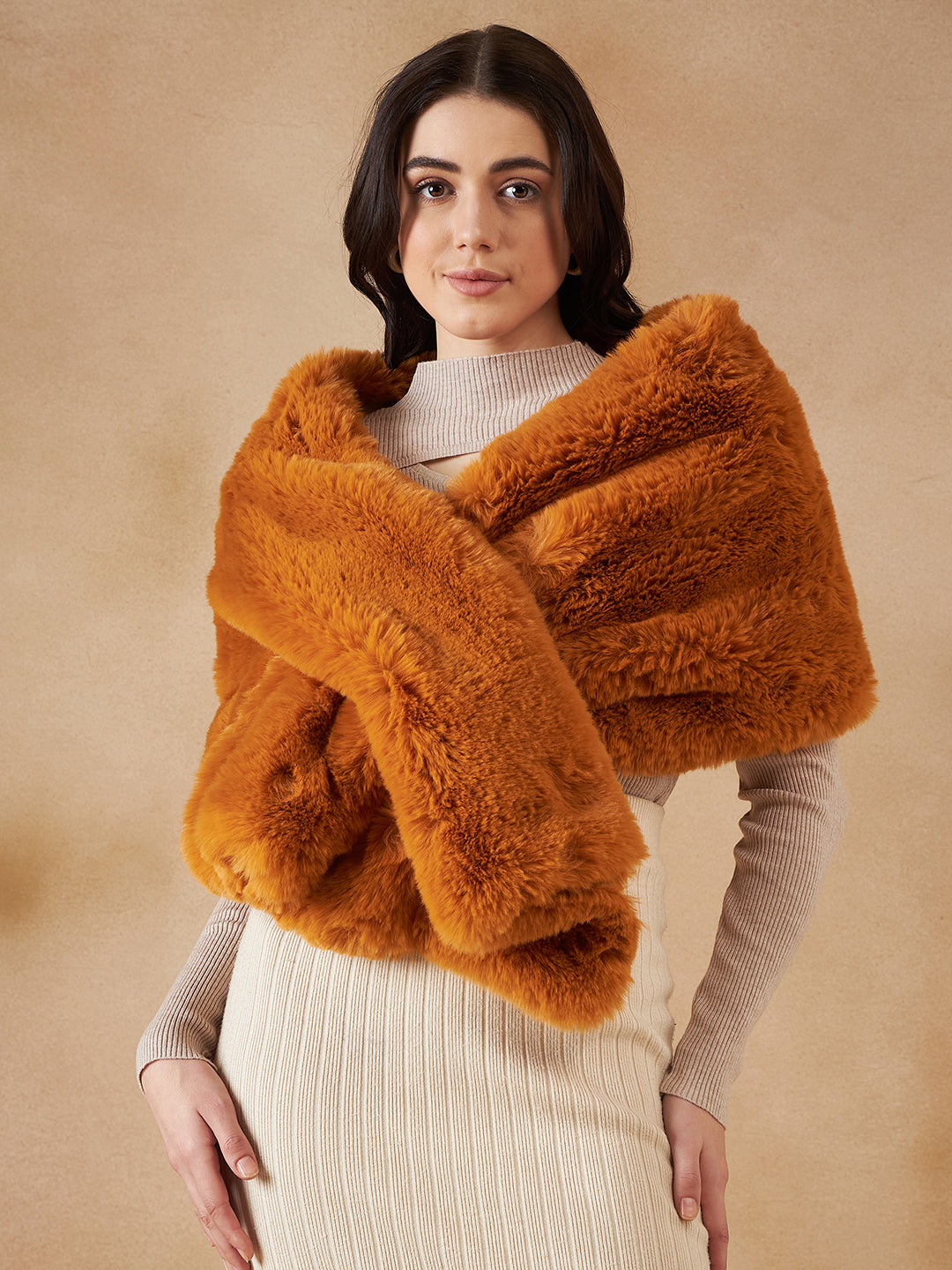 InWeave Women's Carrot Orange Long Faux Fur Cape - Distacart