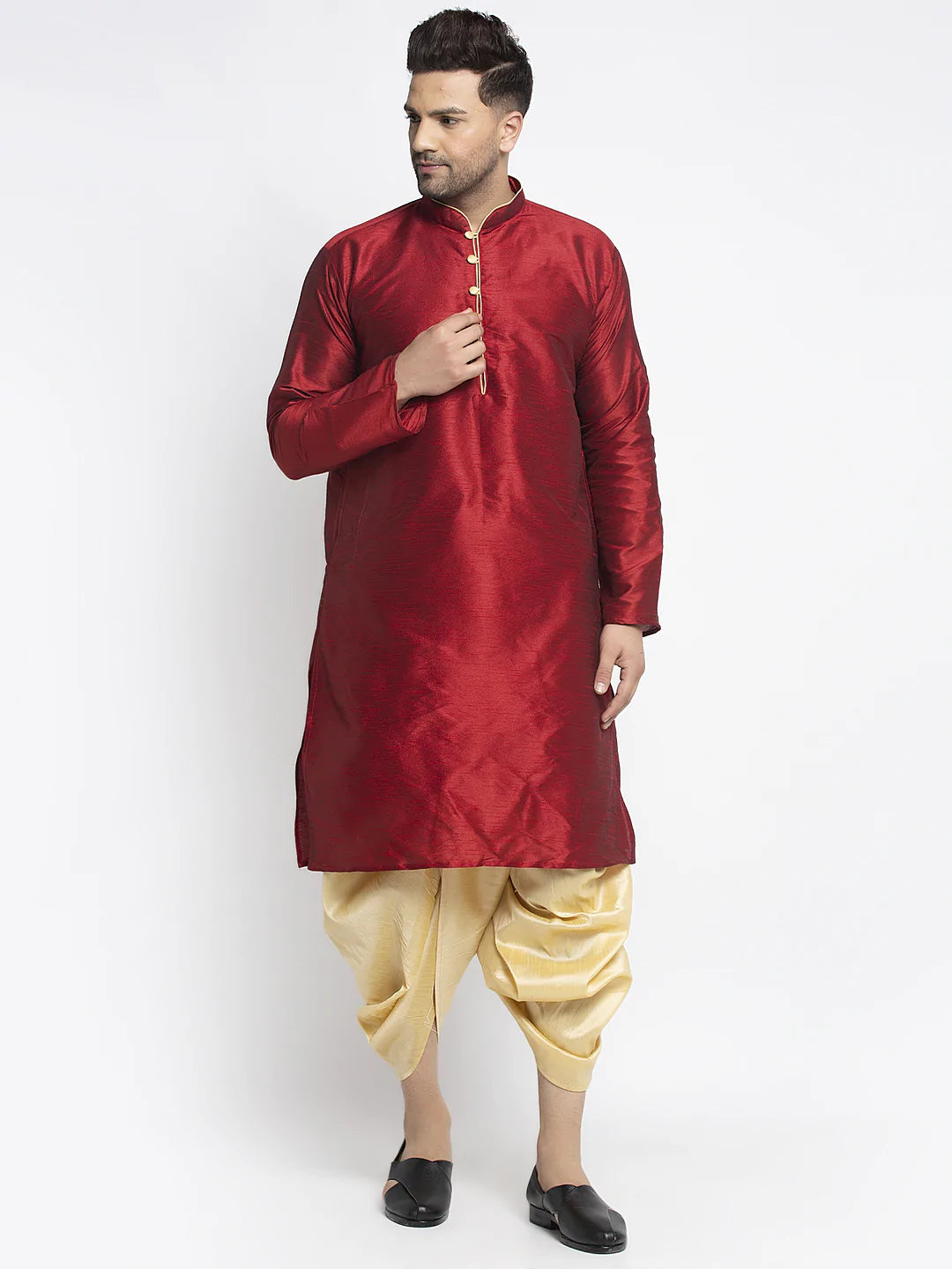 Kalyum Men's Maroon Solid Kurta with Gold Dhoti Pant - Distacart
