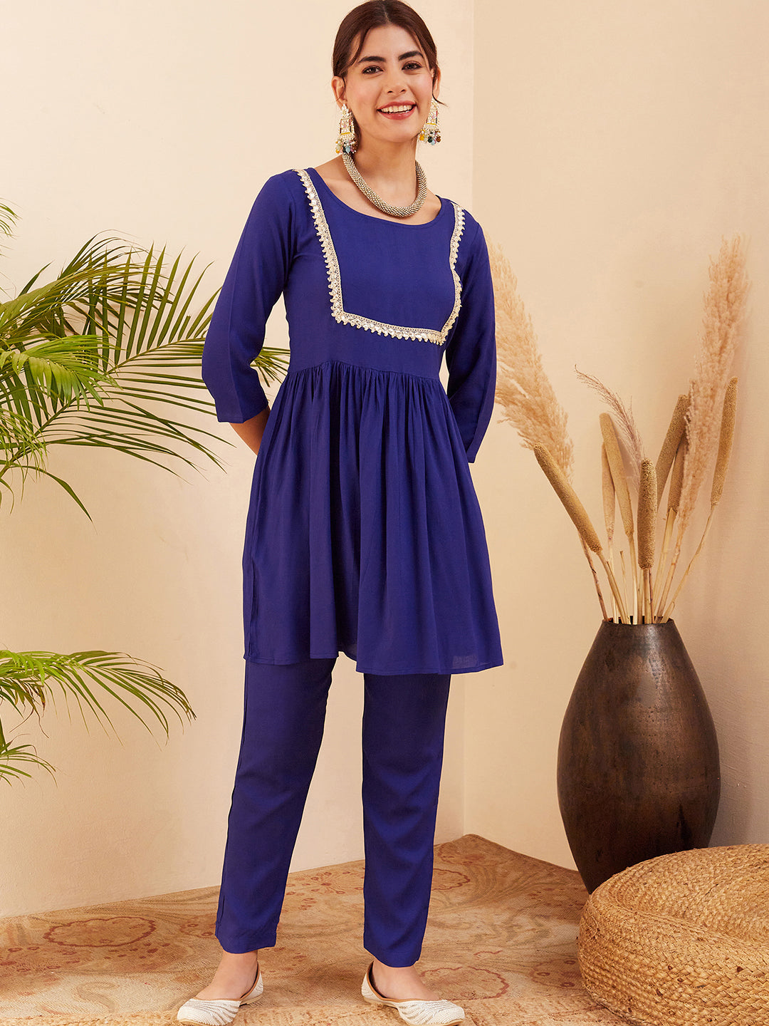 InWeave Women's Blue Round Neck Square Gota Work Kurta Pant Set - Distacart