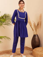Thumbnail for InWeave Women's Blue Round Neck Square Gota Work Kurta Pant Set - Distacart