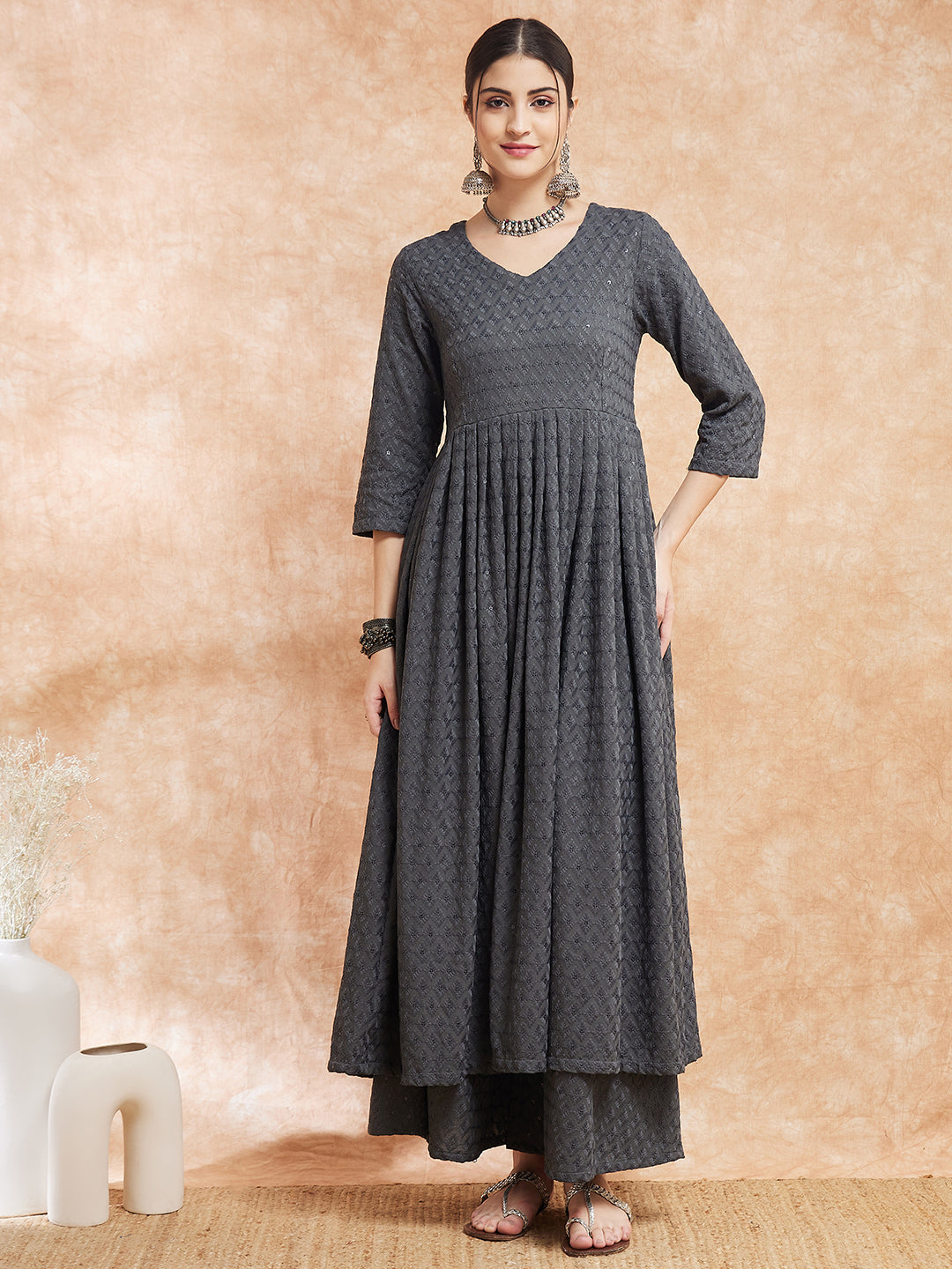 InWeave Women's Grey Chikankari Long Anarkali Kurta Sharara Set - Distacart