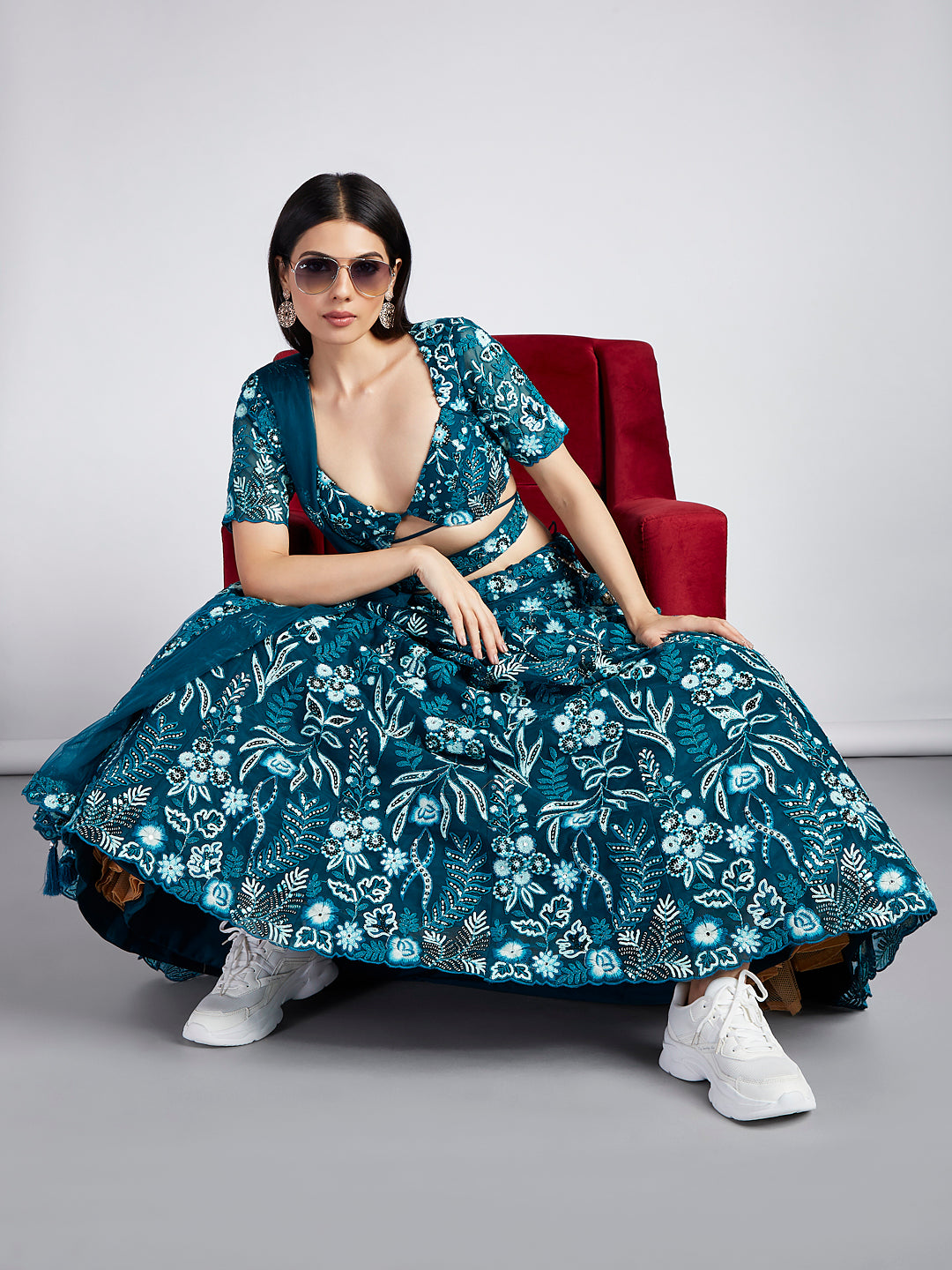 House of Panchhi Teal Net Sequins, Mirror And Thread Embroidery Lehenga Choli & Dupatta - Distacart