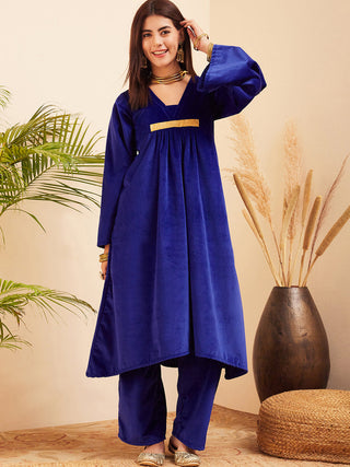 InWeave Women's Royal Blue V Neck Asymmetrical Pleated Velvet Kurta Set - Distacart
