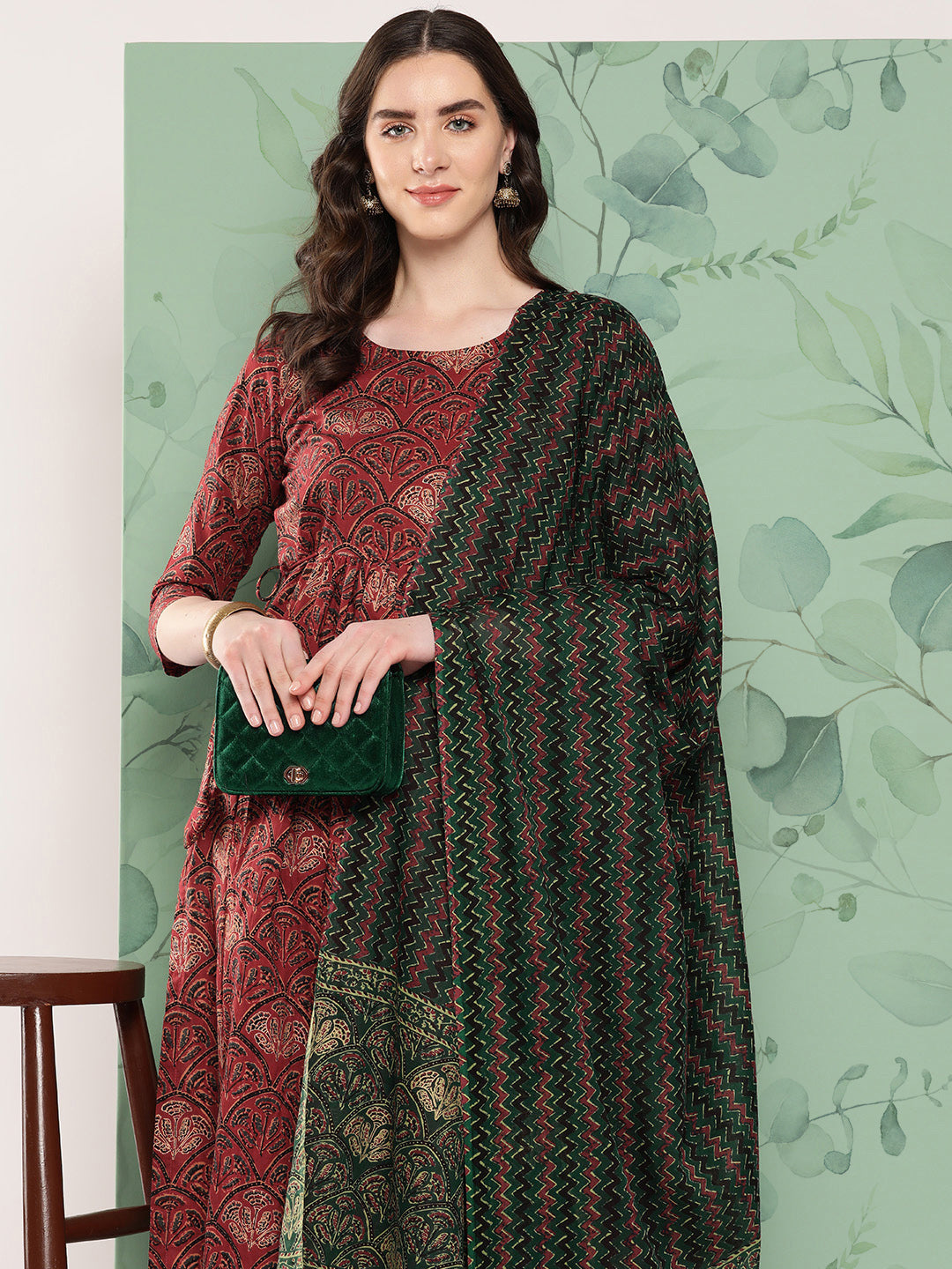InWeave Women's Long Kurta Set Rust Ajrakh With Green Ajrakh Dupatta - Distacart