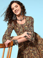 Thumbnail for InWeave Women's Brown Kalamkari Print Short Dress - Distacart
