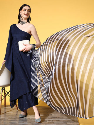 InWeave Women's Navy Mirror Work One Shoulder Kurta Set With Dupatta - Distacart