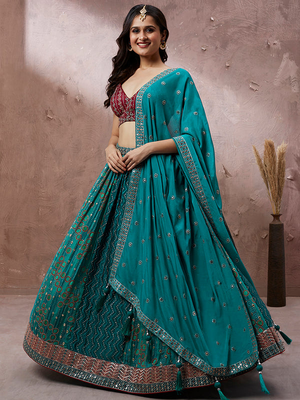 House of Panchhi Printed Embroidery Teal Georgette Sequin Lehenga Choli - Distacart