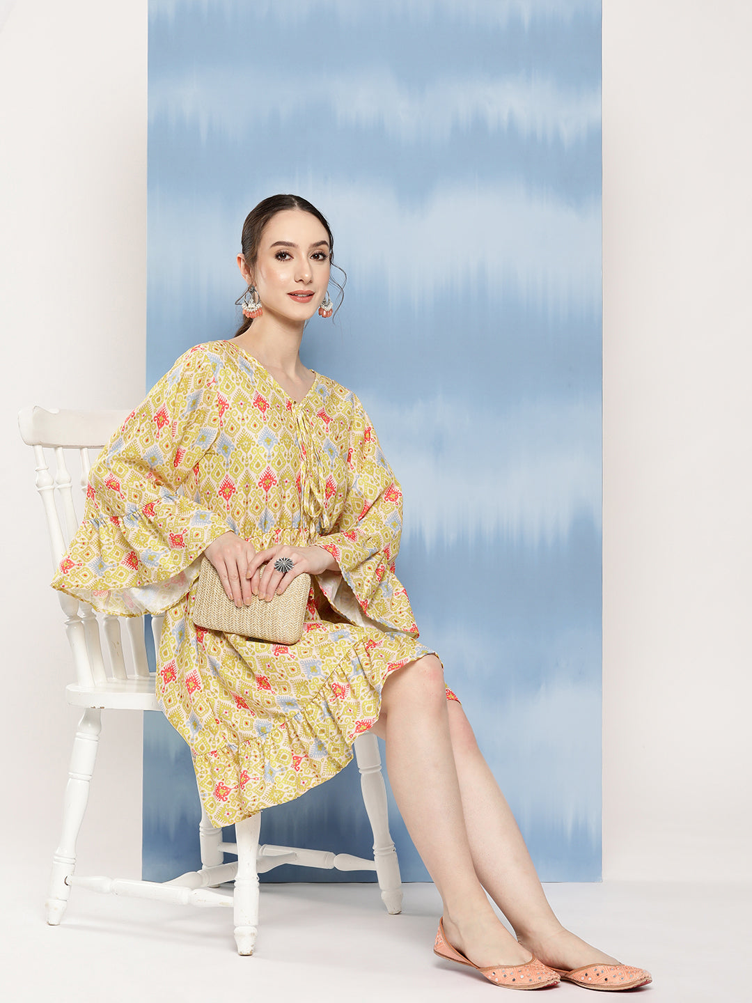 InWeave Women's Yellow Orange Ikkat Print Short Dress - Distacart