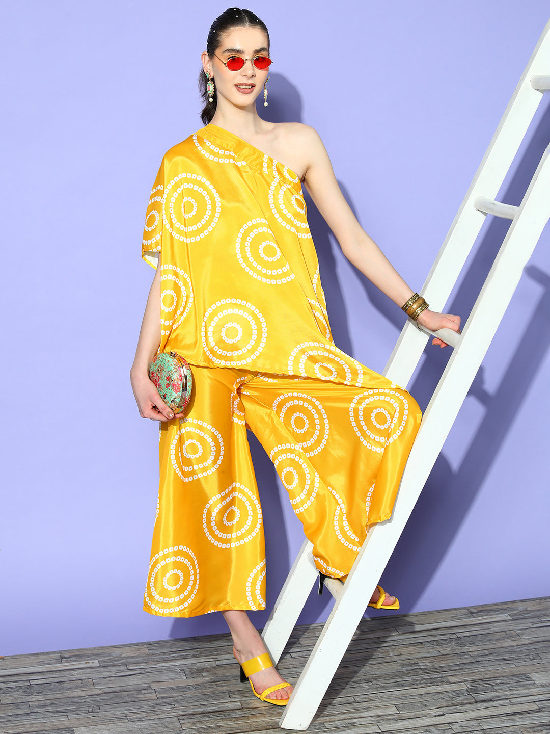 InWeave Women's Yellow Bandhani Motif One Shoulder Palazzo Set - Distacart