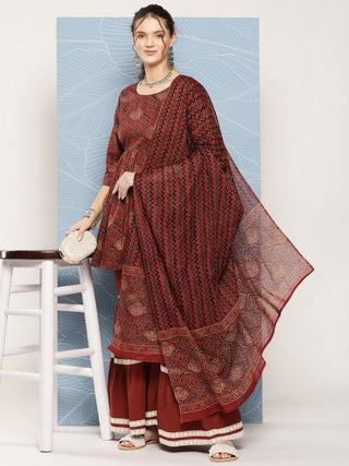 InWeave Women's Brick Rust Ajrakh Sharara Set With Dupatta - Distacart