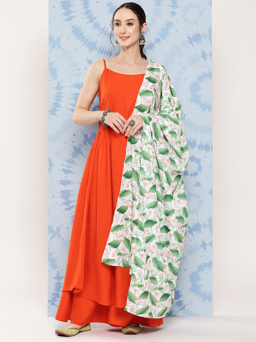 InWeave Women's Orange Strappy Set W White Pink Lotus Cr Duptta - Distacart