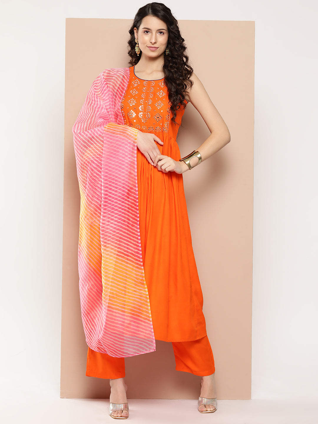 InWeave Women's Orange Mirror Work Aline Strappy Kurta Set W Pink Yellow Leh Dupatta - Distacart