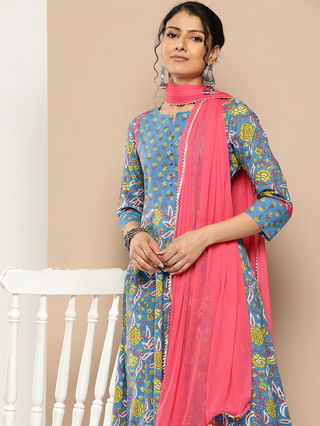 KSUT (House of Varanga) Blue Floral Printed Anarkali Kurta Paired With Printed Palazzo And Dupatta - Distacart