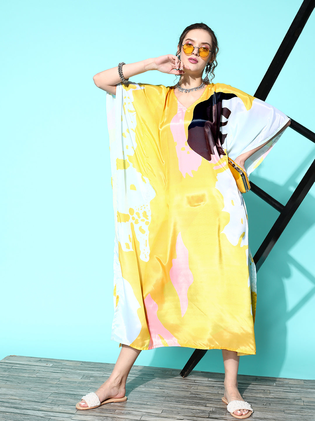 InWeave Women's Yellow Big Abstract Print Long Kaftan - Distacart