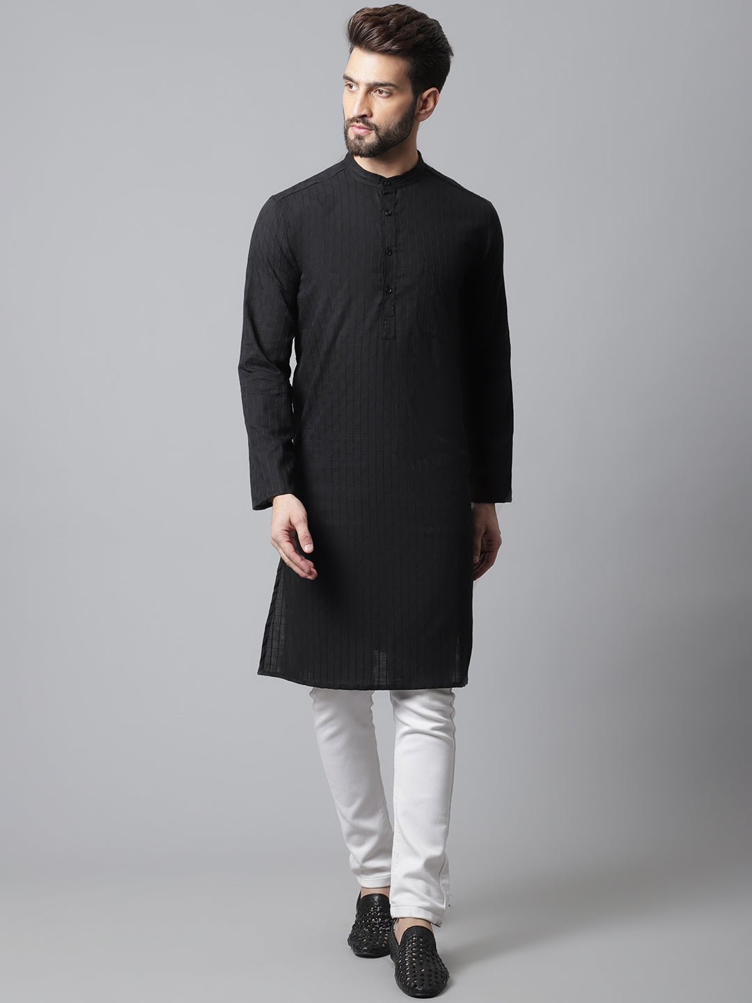 Even Apparels Black Long Kurta With Band Collar - Distacart