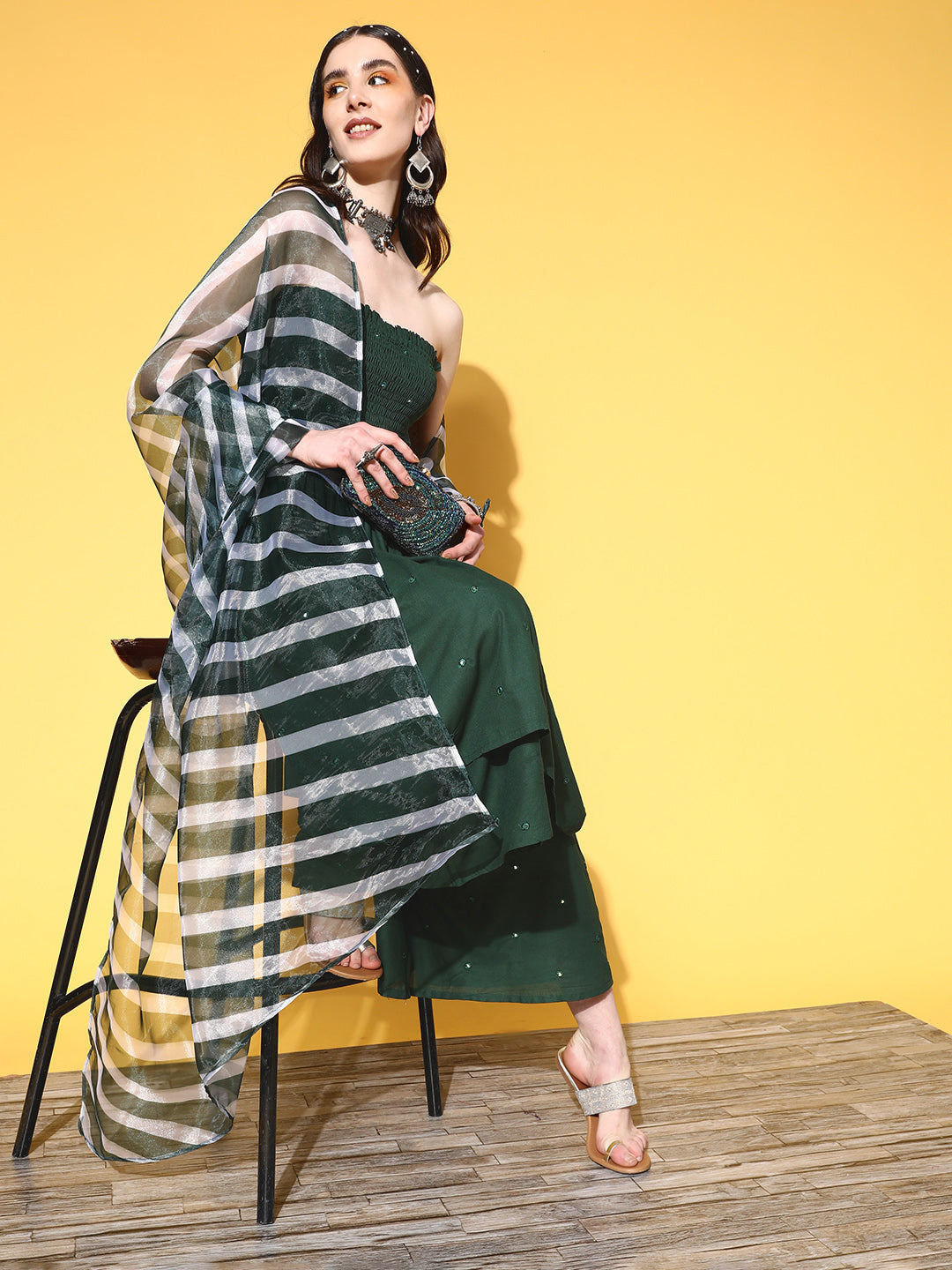 InWeave Women's Green Mirror Work Off Shoulder Kurta Set With Dupatta - Distacart