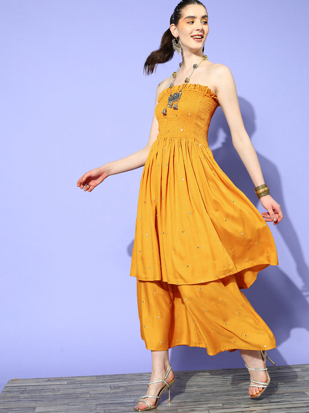 InWeave Women's Mustard Mirror Work Off Shoulder Kurta Set - Distacart