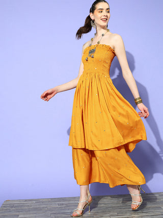 InWeave Women's Mustard Mirror Work Off Shoulder Kurta Set - Distacart