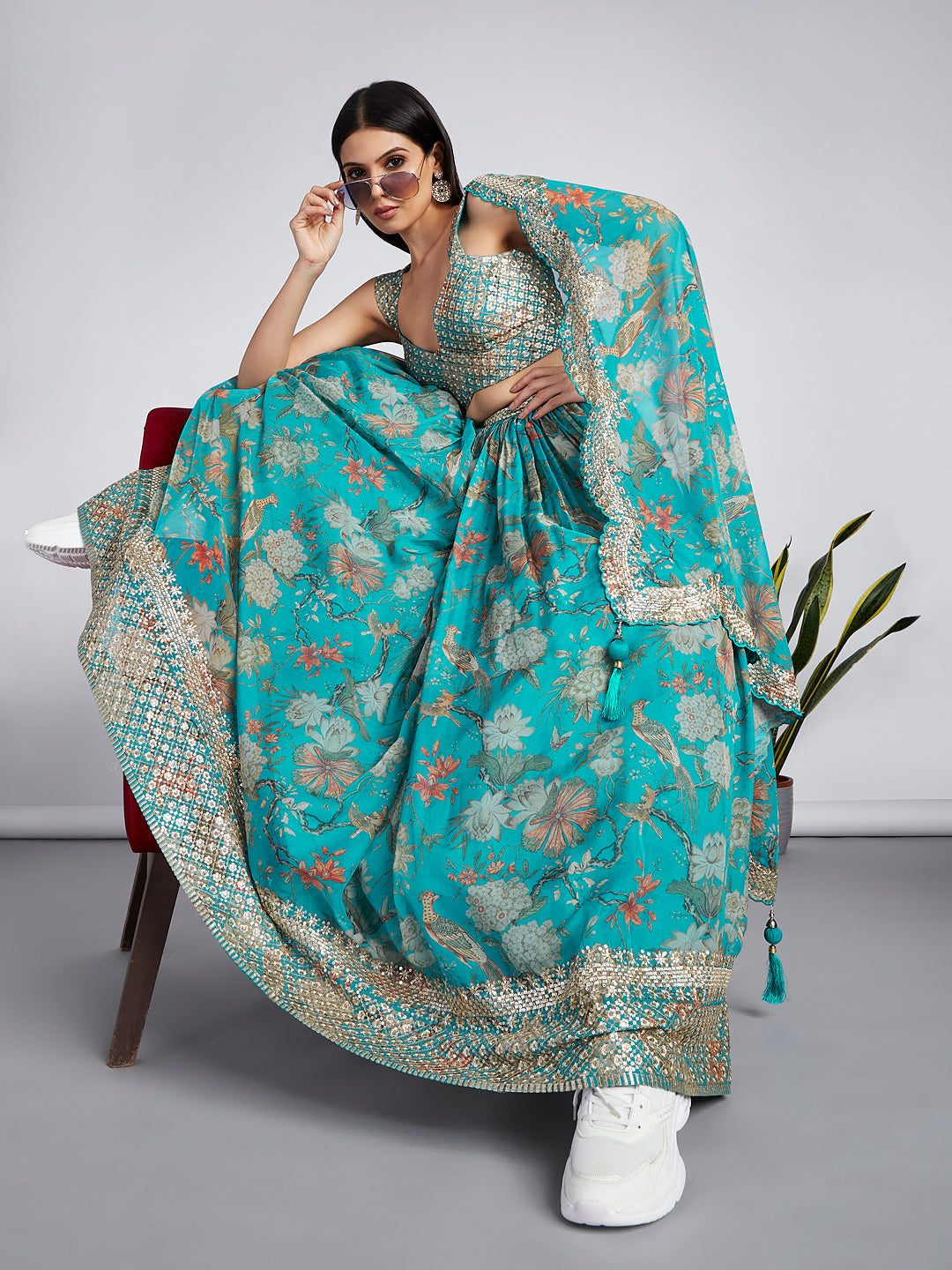 House of Panchhi Sea Green Colour Organza Floral Design Digital Print Lehenga Choli & Dupatta - Distacart