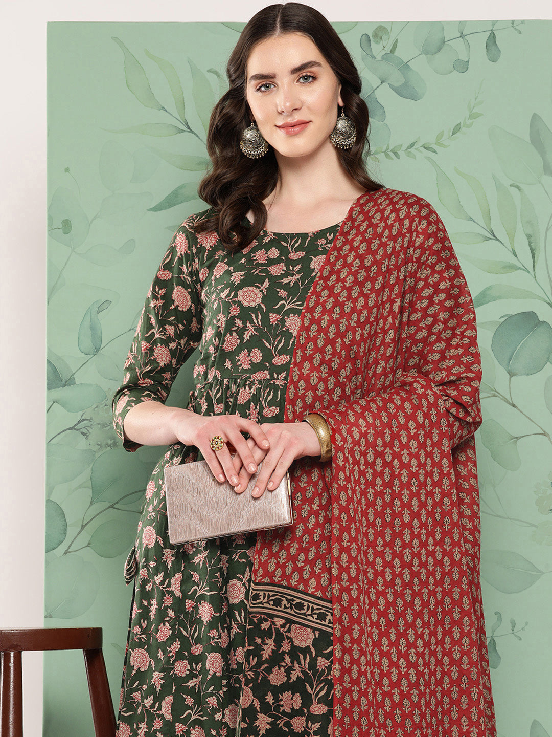 InWeave Women's Green Floral Motif Nyra Kurta Set With Dupatta - Distacart