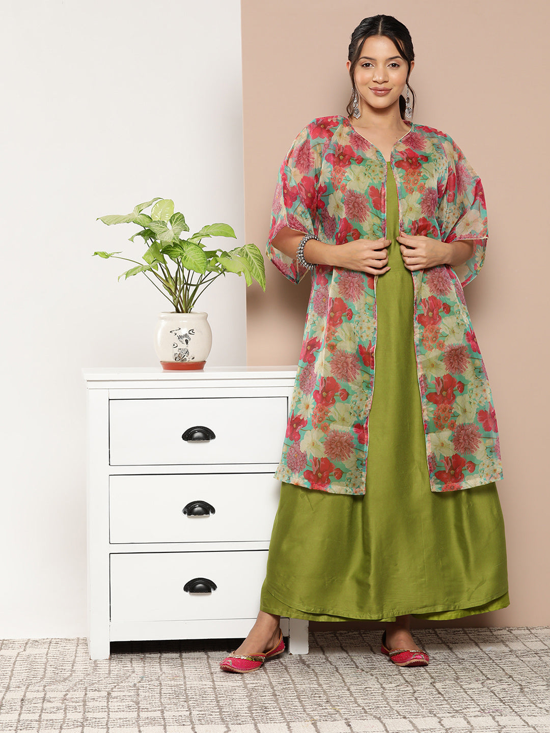 InWeave Women's Olive Green Strappy Set With Pink Green Floral Cape - Distacart