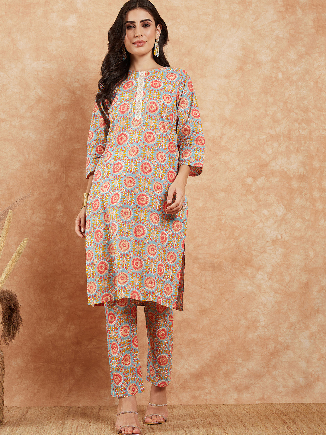 InWeave Women's Light Blue Floral Jaal Gota Work Straight Kurta Pant Set - Distacart