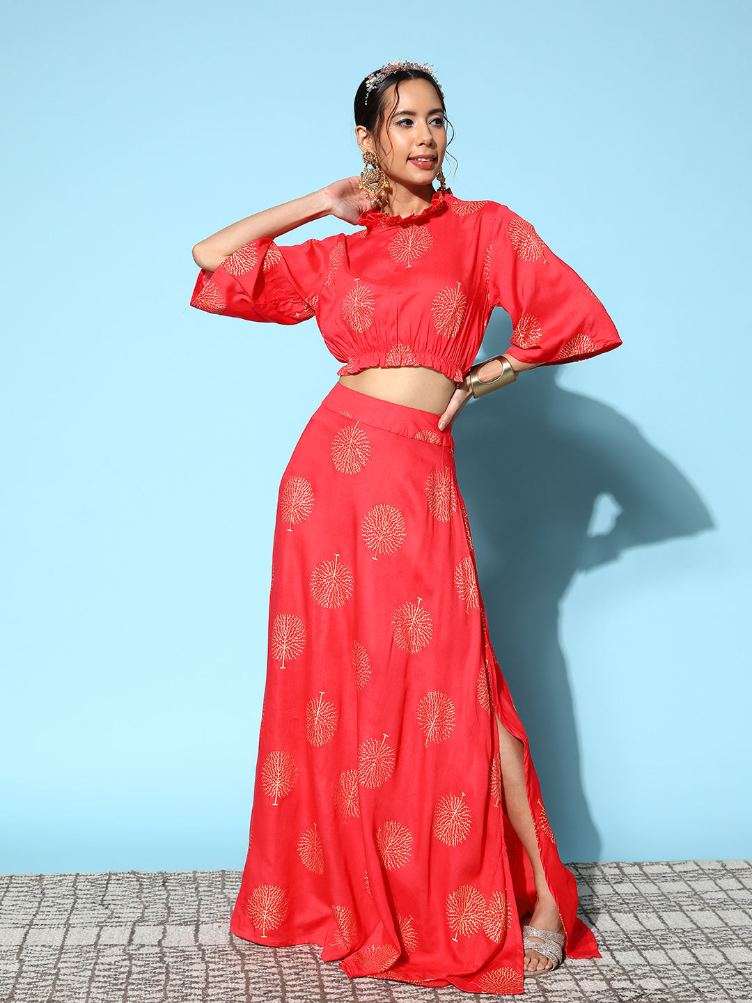 InWeave Women's Red Gold Printed Crop Top With Side Slit Skirt - Distacart