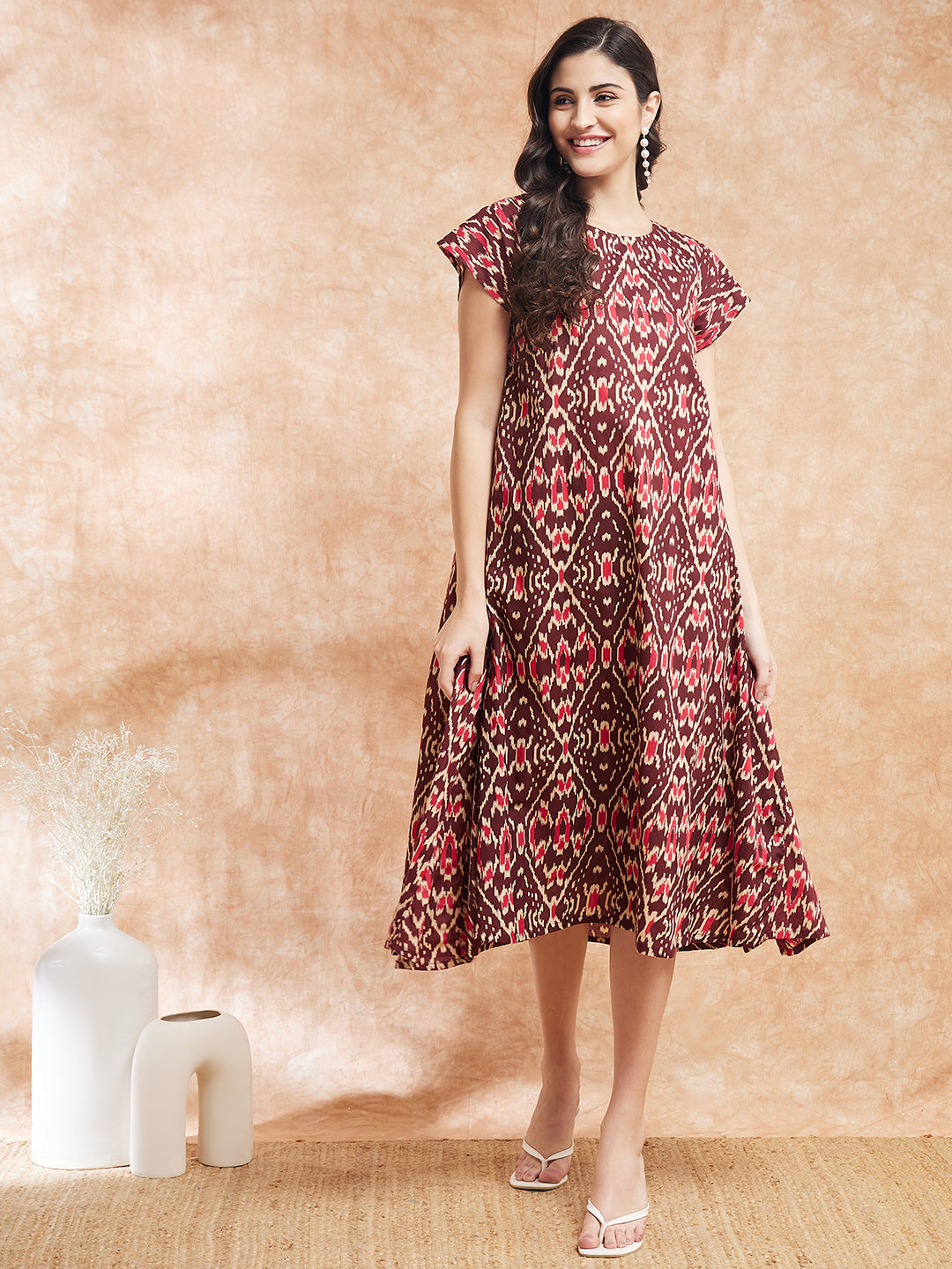 InWeave Women's Wine Ikkat Print A Line Dress - Distacart