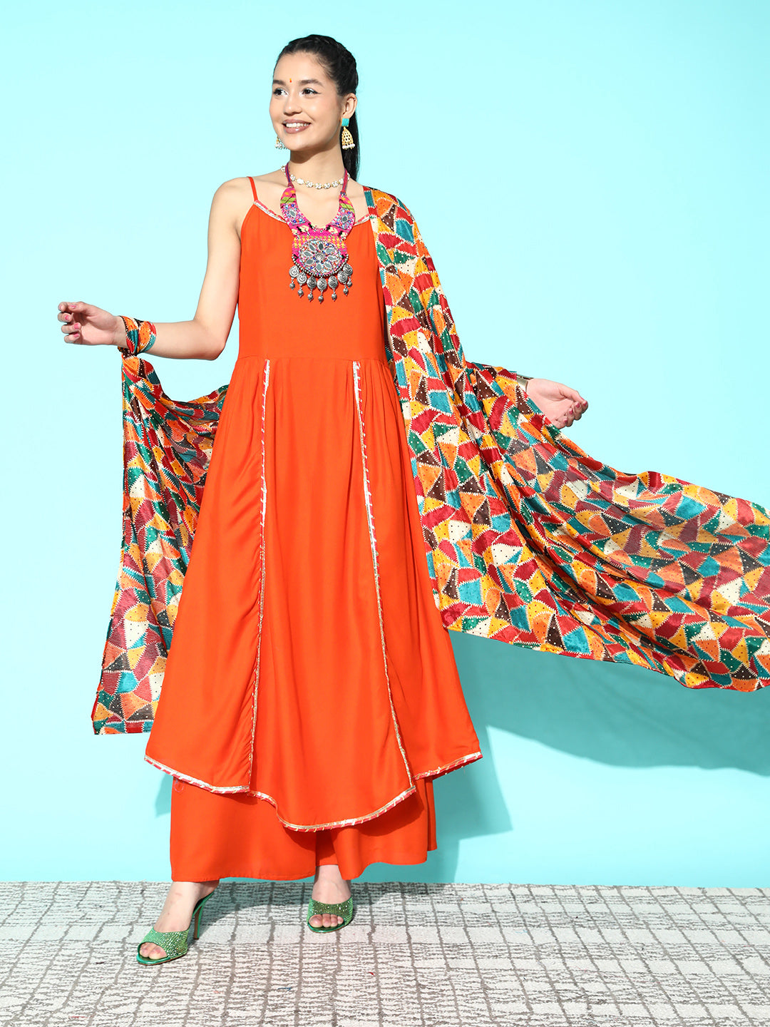 InWeave Women's Orange Red Gota Strappy Set With Multi Foil Muslin Dupatta - Distacart