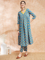 Thumbnail for InWeave Women's Blue Orange Floral Yellow White Leh V Neck Kurta Set - Distacart
