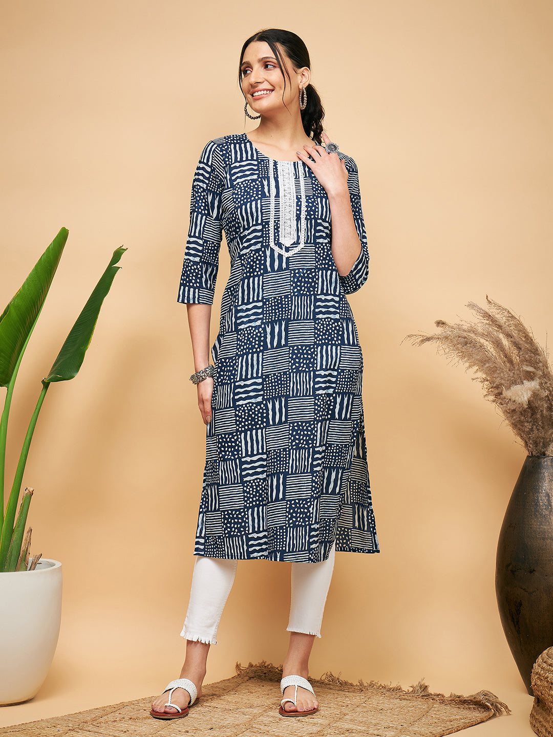 InWeave Women's Ankola Indigo With Tiles Hand Block Print Lace Straight Kurta - Distacart
