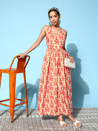 InWeave Women's Orange Paisley Print Raisa Back Detail Dress - Distacart