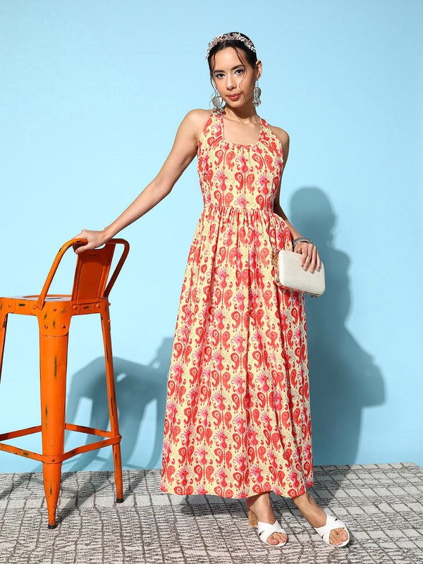 InWeave Women's Orange Paisley Print Raisa Back Detail Dress - Distacart