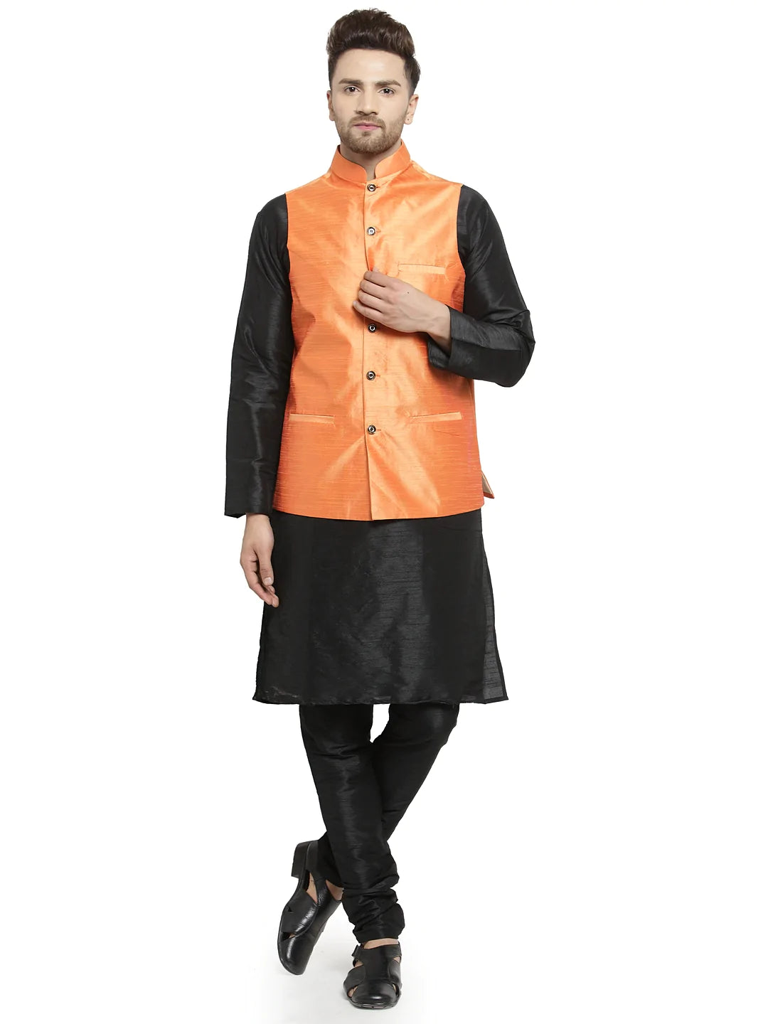 Kalyum Men's Silk Blend Black Kurta With Pyjama & Orange Nehru Jacket - Distacart