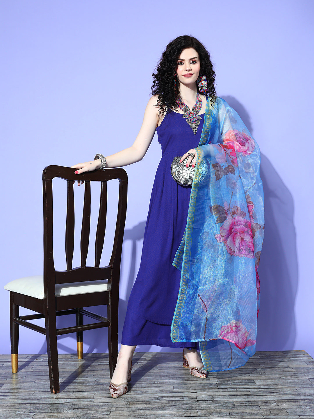 InWeave Women's Strappy Set In Ink Blue With Blue Fuschia Floral Organza Dupatta - Distacart