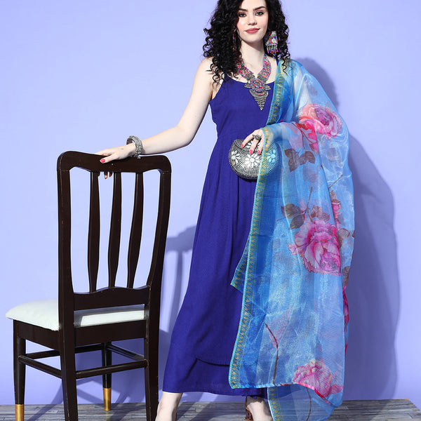 InWeave Women's Strappy Set In Ink Blue With Blue Fuschia Floral Organza Dupatta - Distacart