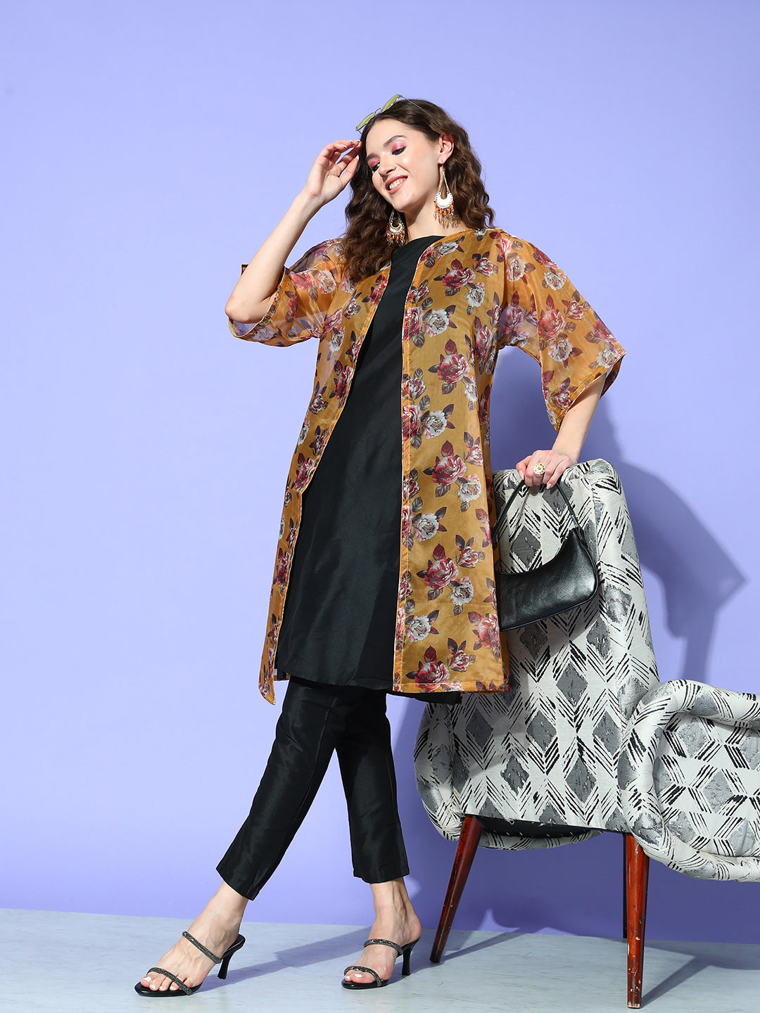 InWeave Women's Camel Brown White Rose Chintz Organza Cape - Distacart