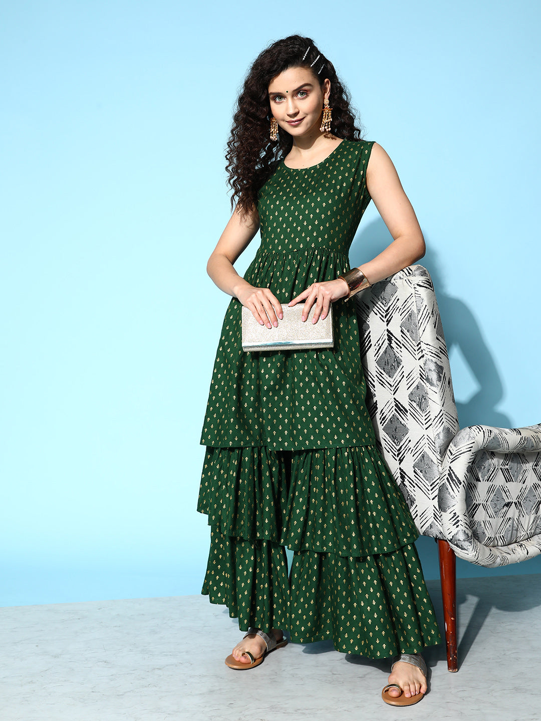 InWeave Women's Forest Green Gold Print Tiered Sharara Set - Distacart
