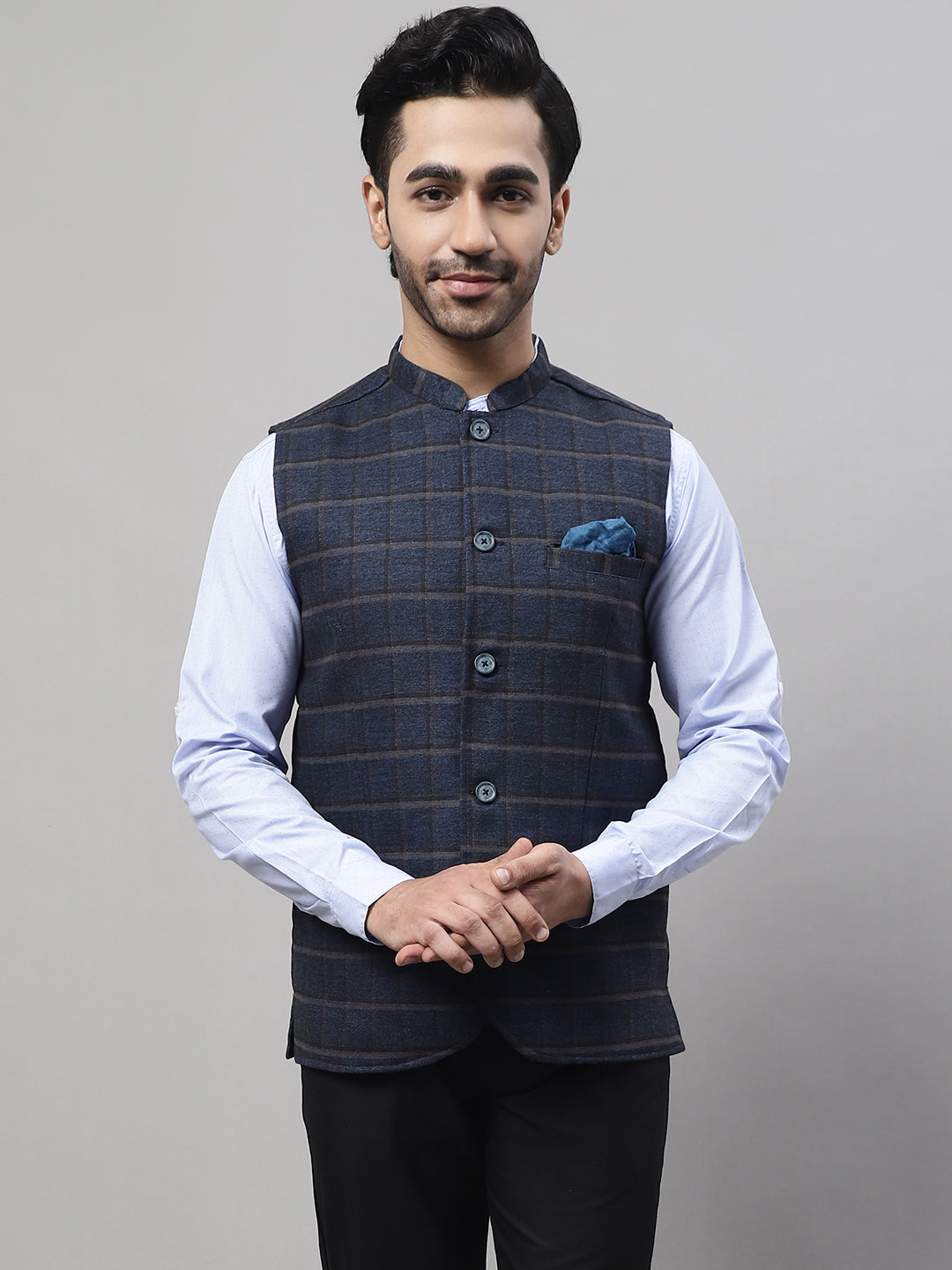 Even Apparels Men's Blue Nehru Jacket With Welt Pockets - Distacart