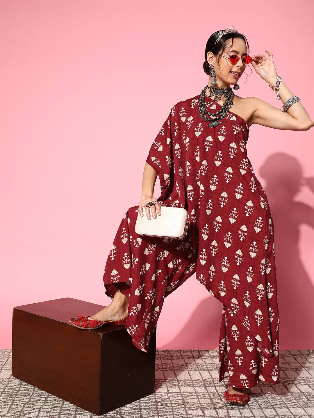 InWeave Women's Maroon Boota One Shoulder Top With Palazzo Set - Distacart