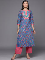 Thumbnail for Varanga Blue Floral Printed Straight Kurta With Three Quarter Sleeves - Distacart