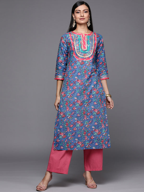 Varanga Blue Floral Printed Straight Kurta With Three Quarter Sleeves - Distacart