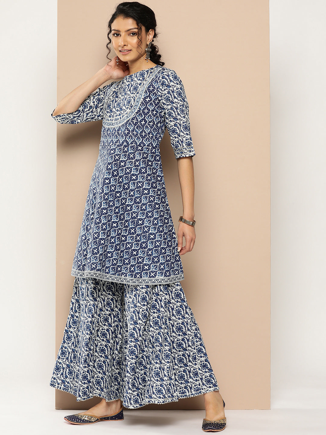 KSUT (House of Varanga) Indigo And White Floral Printed Flared Kurta Sharara Set - Distacart