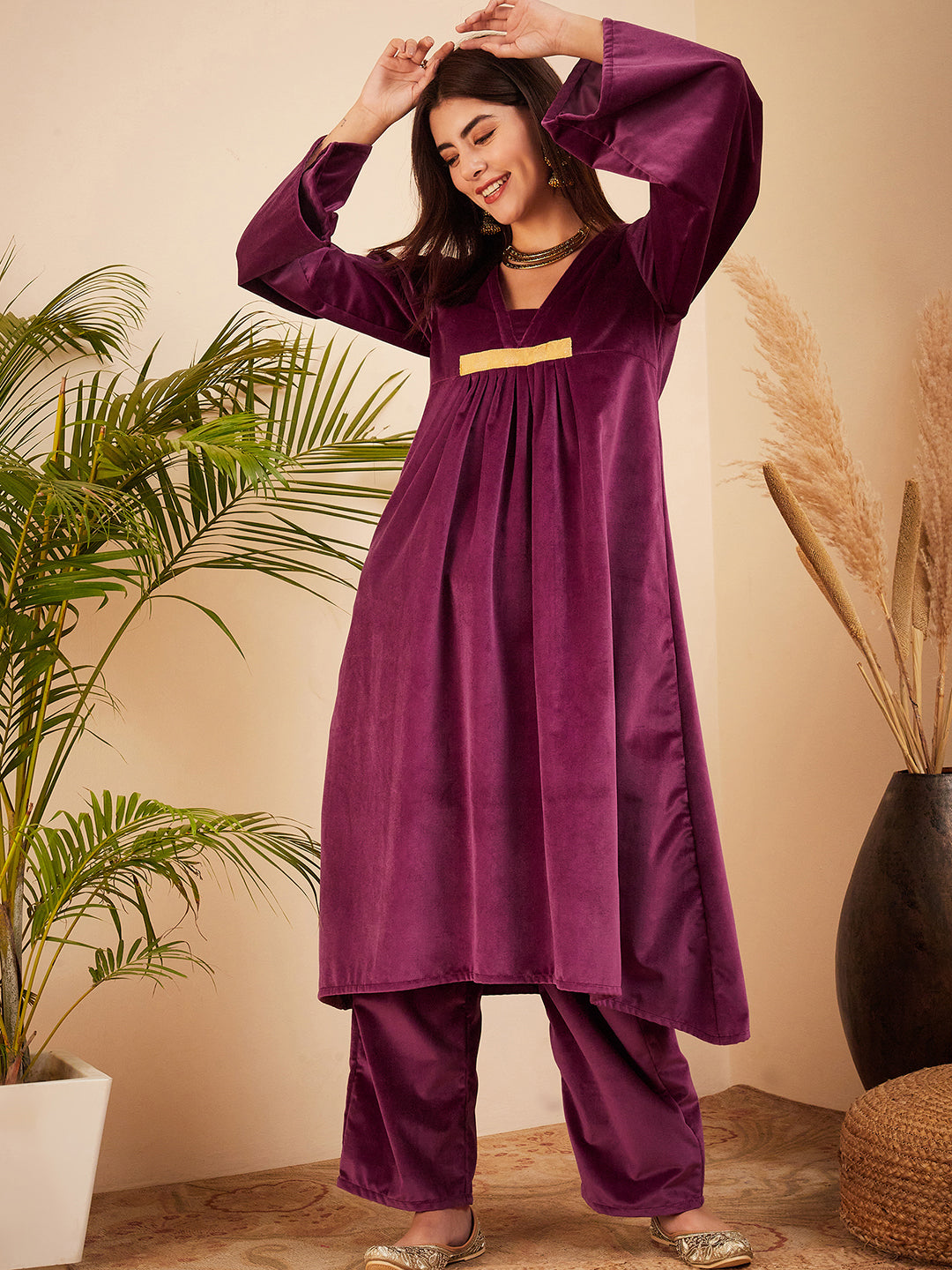 InWeave Women's Wine V Neck Asymmetrical Pleated Velvet Kurta Set - Distacart