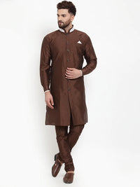 Thumbnail for Kalyum Men's Brown Solid Kurta with Churidaar Pyjama Set - Distacart