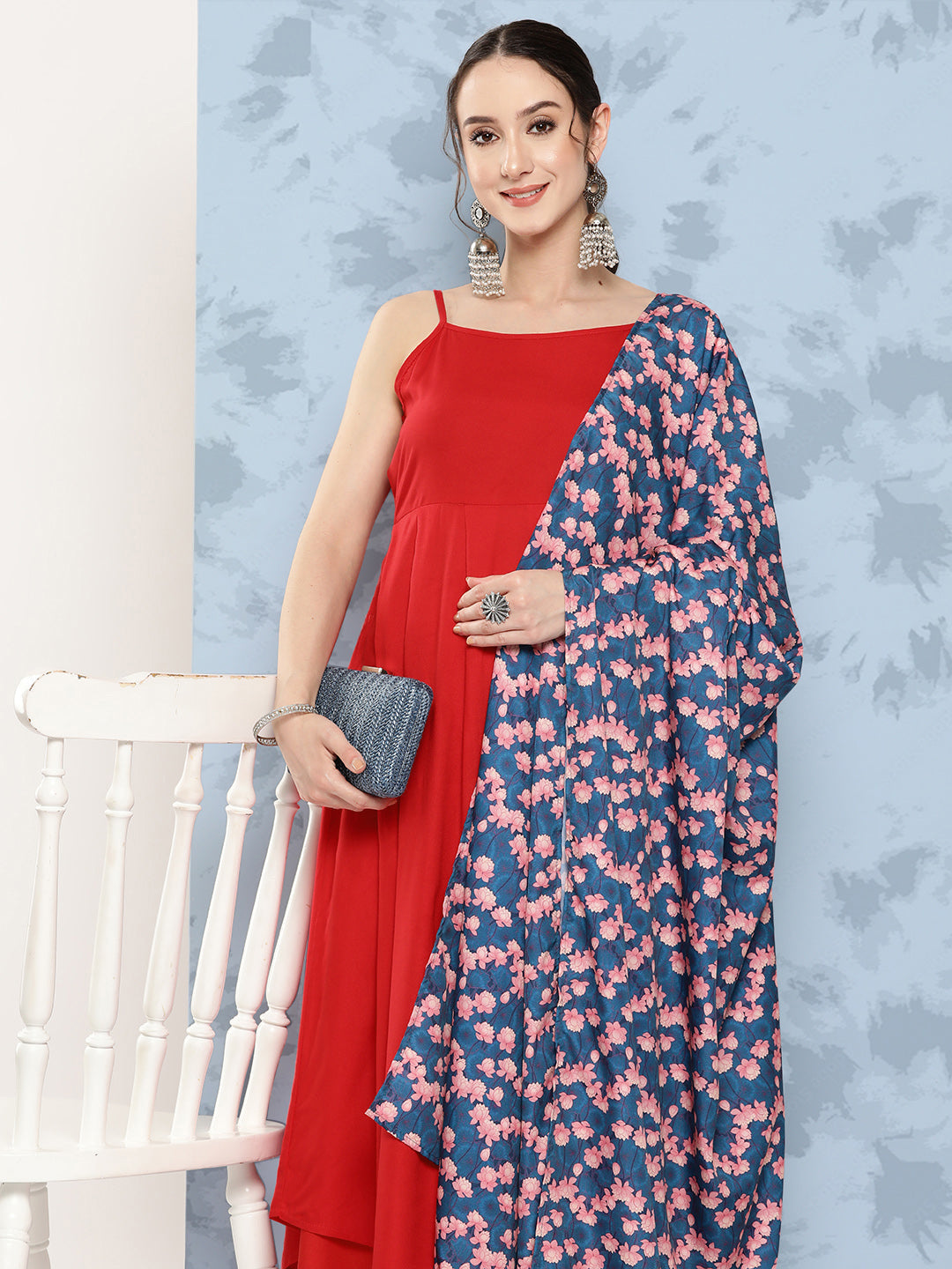 InWeave Women's Red Strappy Set W Navy Pink Lotus Cr Duptta - Distacart